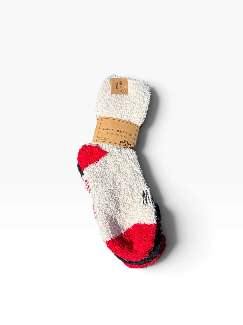 Rae Dunn ‘Merry Xmas’ Santa Head Cozy Red & Cream Plush Loungewear 3 Pack Socks